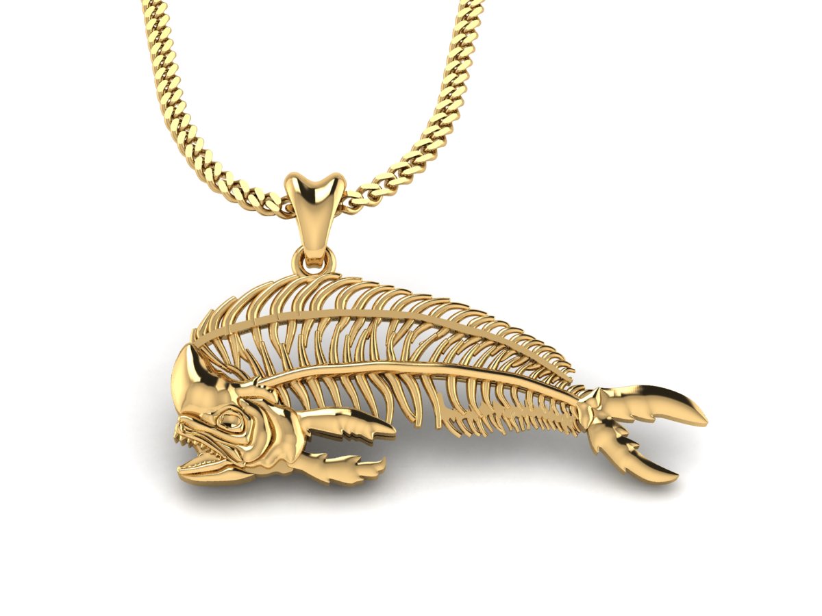 gold vermeil mahi mahi skeleton fish necklace by Castil