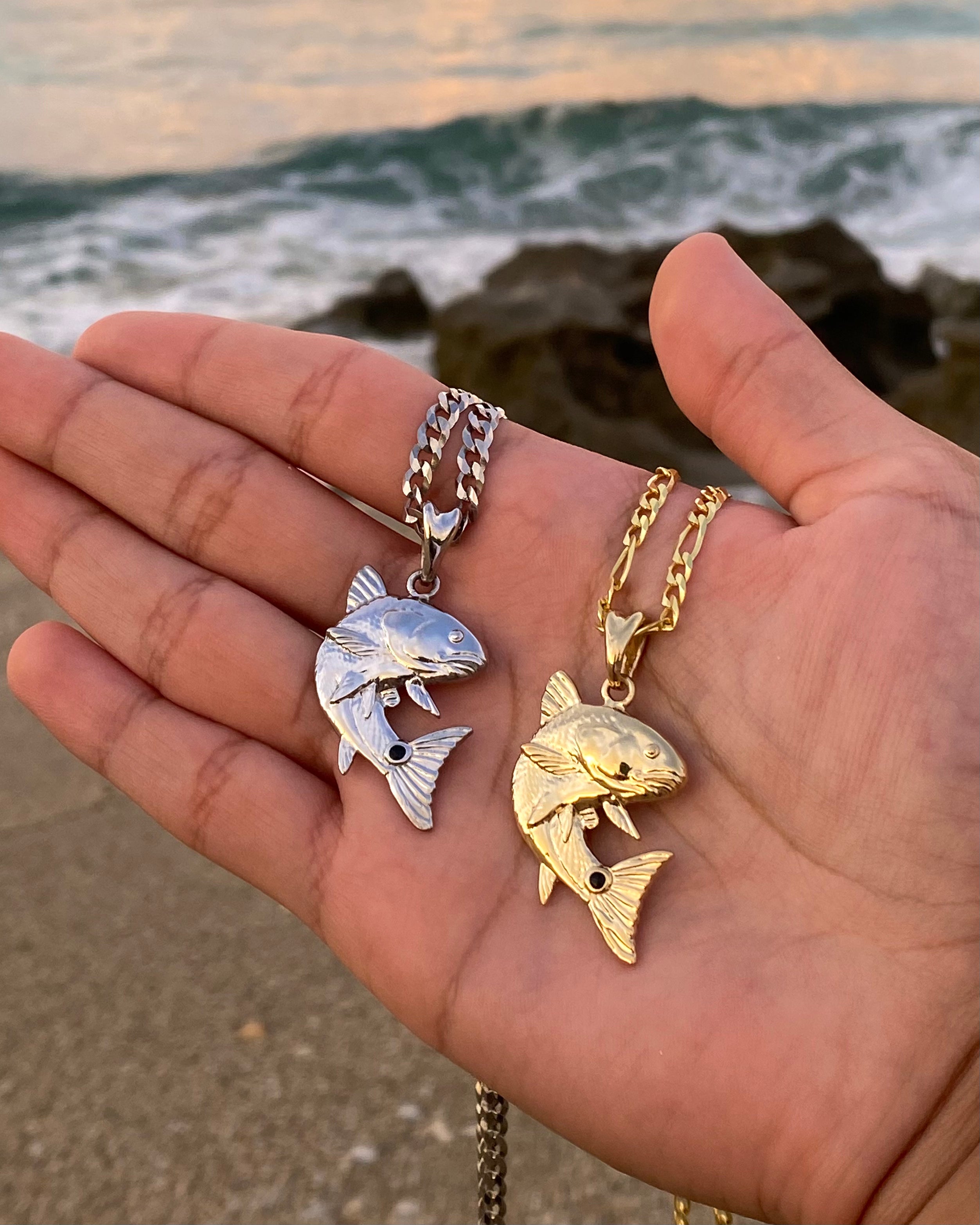 silver and gold vermeil redfish necklaces by Castil