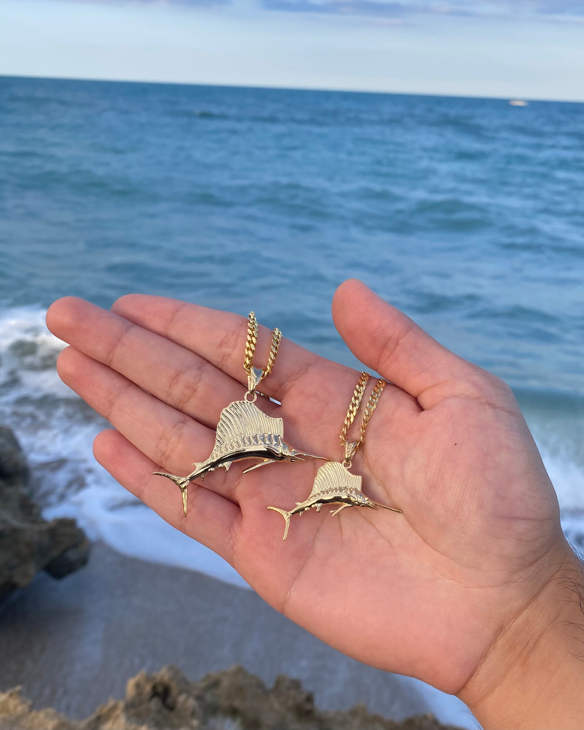 gold vermeil sailfish necklaces by Castil