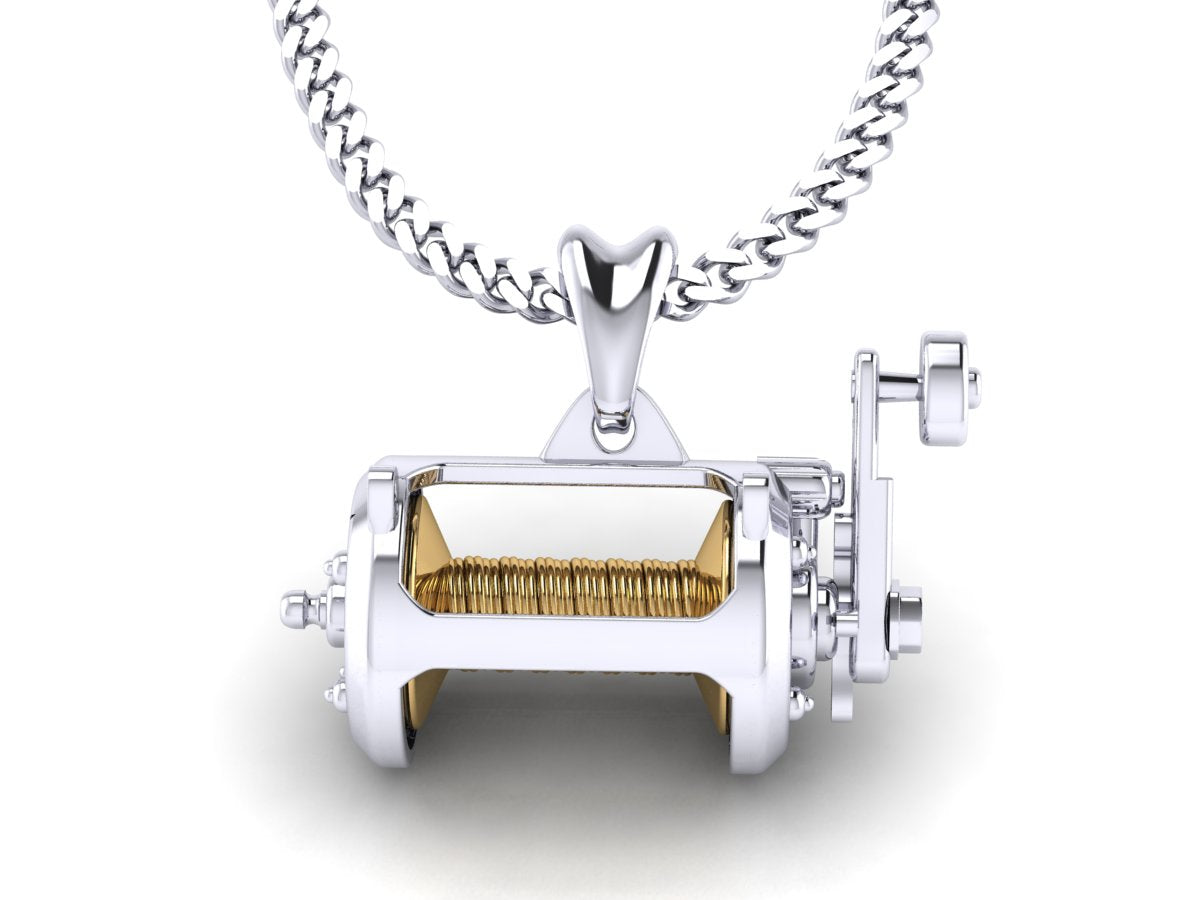 silver conventional fishing reel necklace by Castil