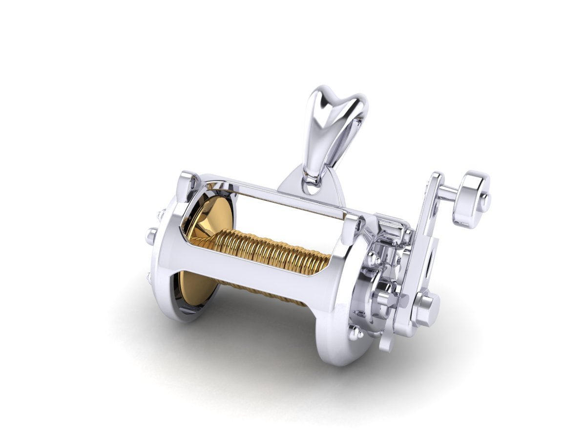 solid 14k white gold conventional fishing reel pendant by Castil