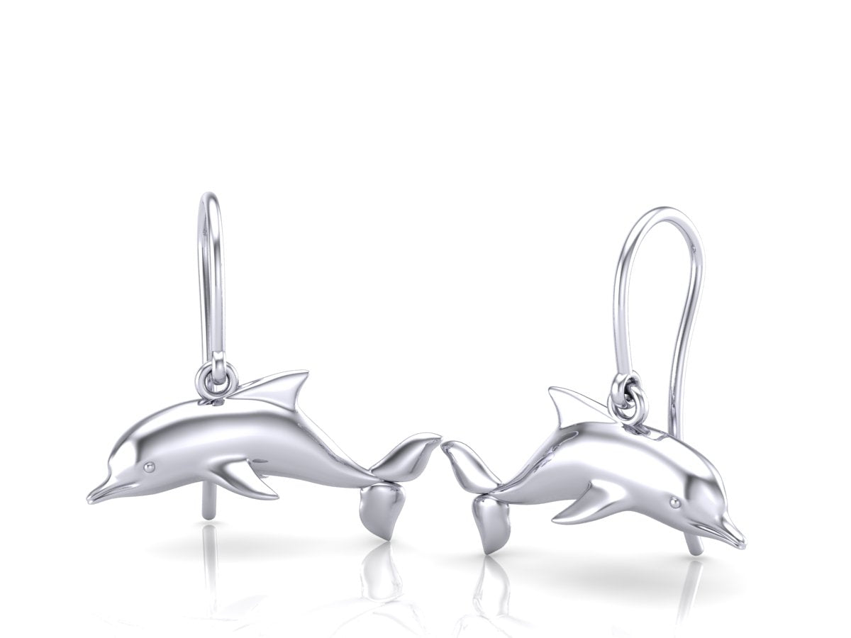 Dolphin earrings in a drop earring style, in a silver color.