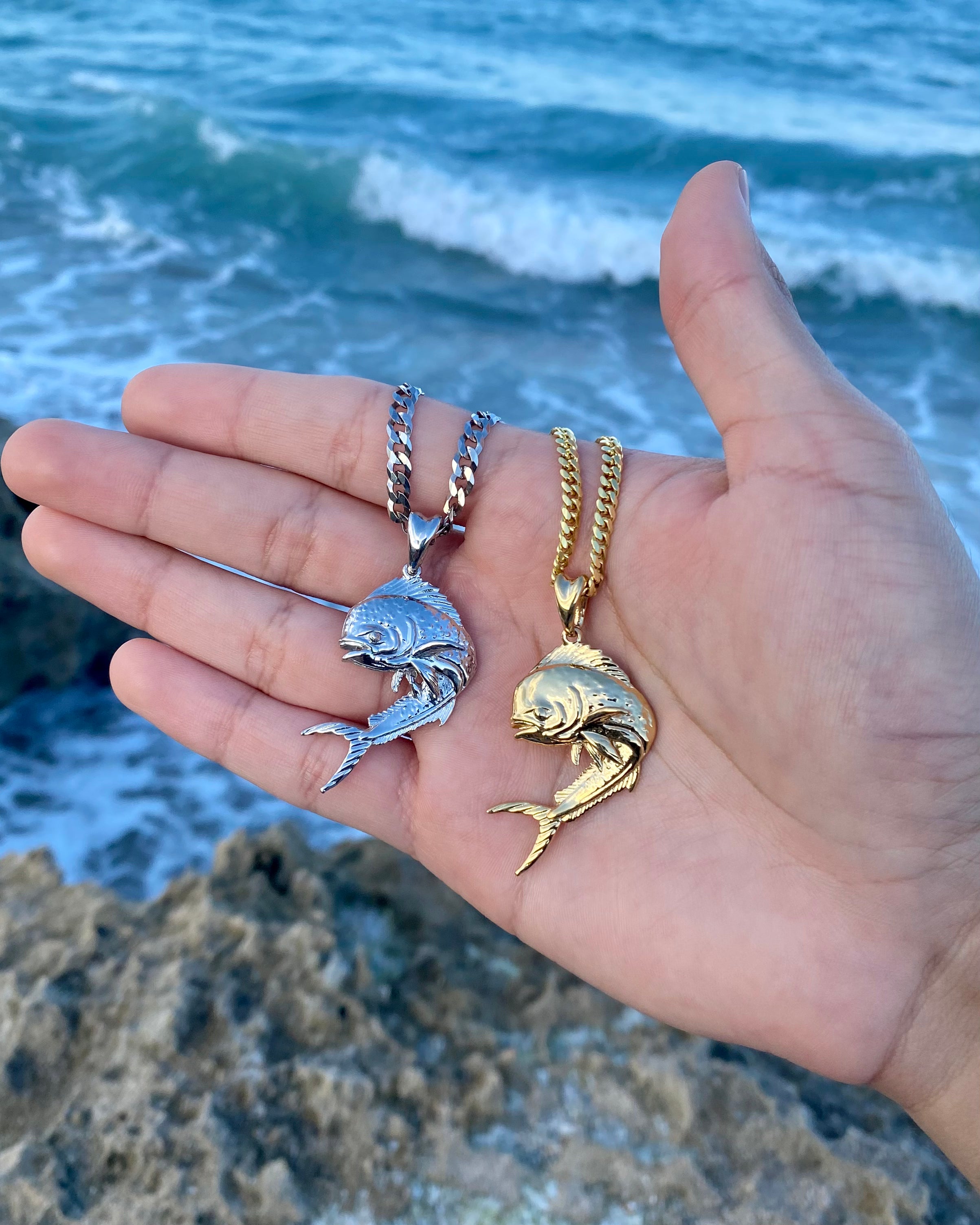 silver and gold vermeil mahi mahi necklaces by Castil