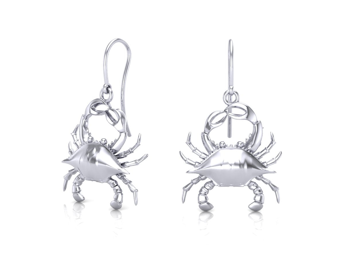 Pair of blue crab earrings drop earring style, in a silver color.