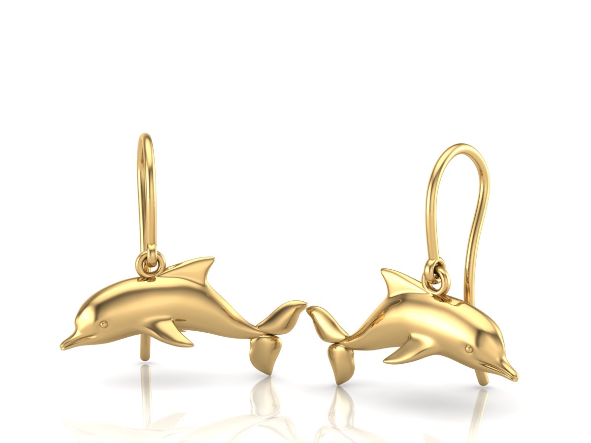 Dolphin earrings in a drop earring style, in a yellow gold color.