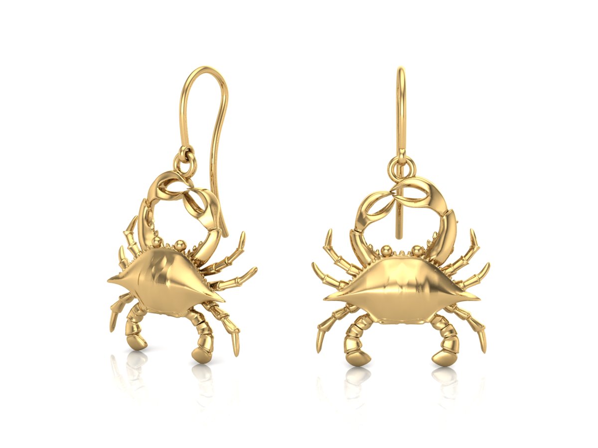 Pair of blue crab earrings drop earring style, in a yellow gold color.