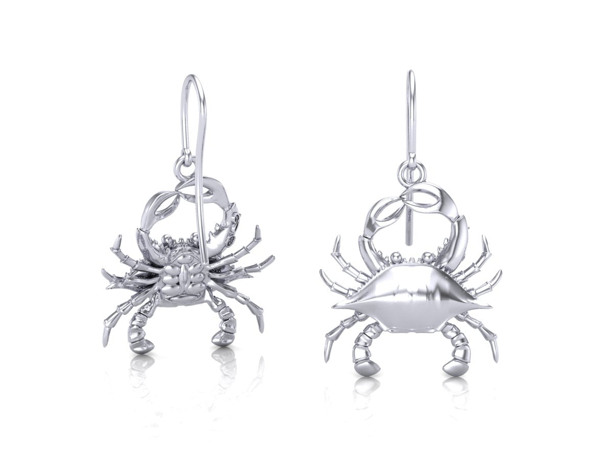 Back view of a pair of blue crab earrings drop earring style, in a silver color.